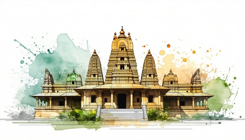 An illustration of Hindu temple architecture with digital elements